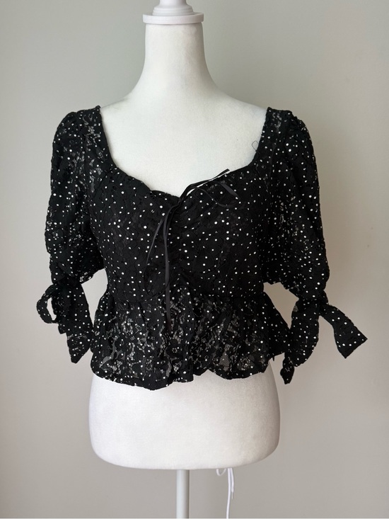 RIHOAS Tops - RIHOAS Black Lace Polka Dot Peplum Crop Top Size L NWT